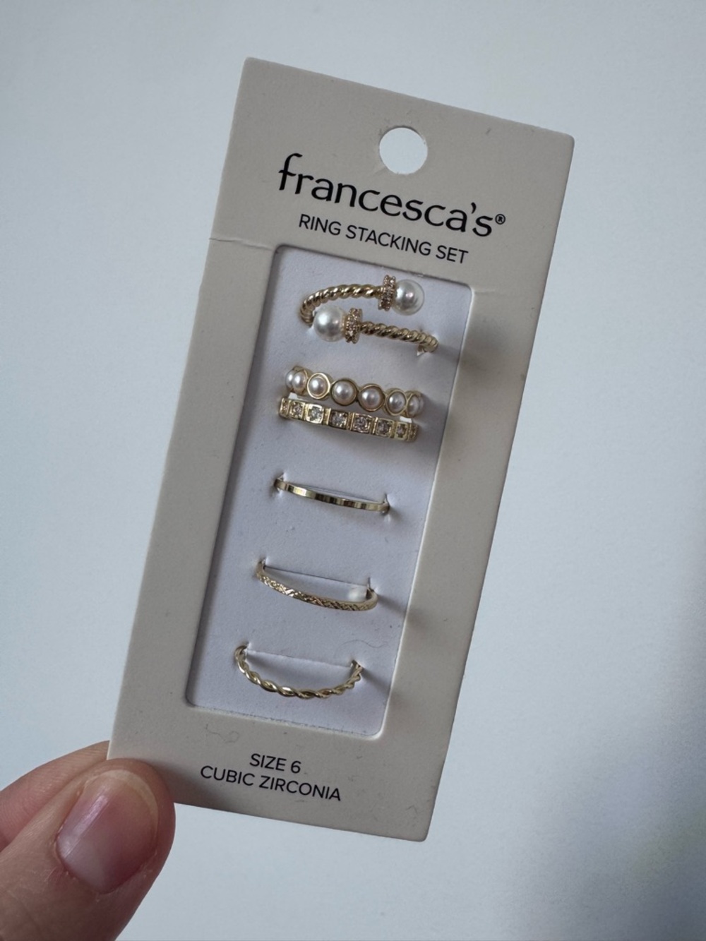NWT Francesca's Collections Gold Pearl & Crystal Stacking Ring Set